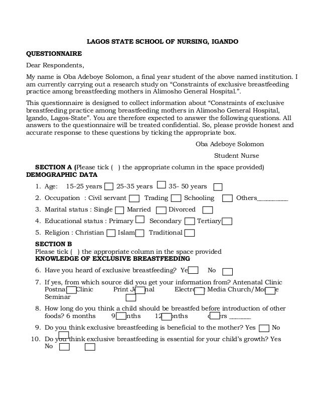 questionnaire on breast feeding Questionnaire on breast feeding